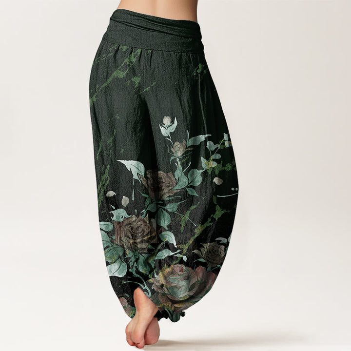 Pantaloni harem elastici in vita da donna con motivo Buddha Stones Blooming Roses - image 10