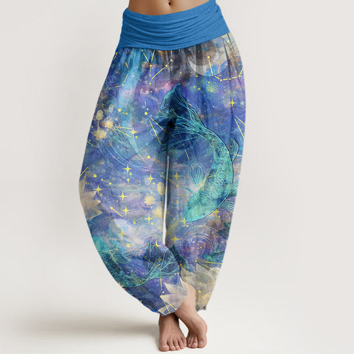 Pantaloni harem da donna con elastico in vita, in cotone, con motivo a pesce koi, loto, luna e stelle, motivo Buddha Stones - FiordalisoBlu - US22, UK/AU26, EU54 (6XL) - image 0