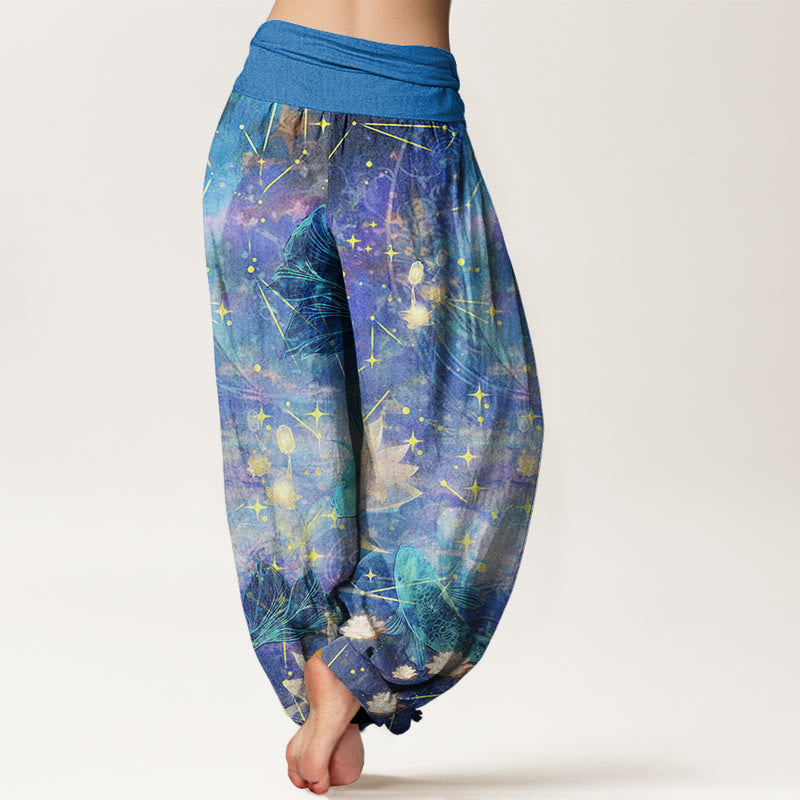 Pantaloni harem da donna con elastico in vita, in cotone, con motivo a pesce koi, loto, luna e stelle, motivo Buddha Stones - image 2