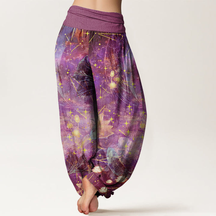 Pantaloni harem da donna con elastico in vita, in cotone, con motivo a pesce koi, loto, luna e stelle, motivo Buddha Stones - image 6