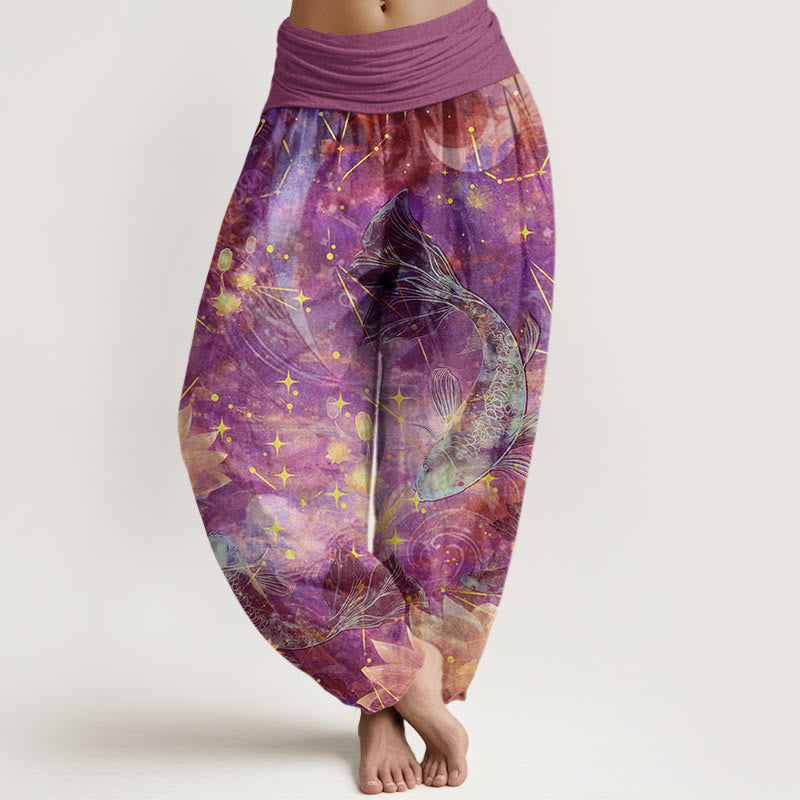Pantaloni harem da donna con elastico in vita, in cotone, con motivo a pesce koi, loto, luna e stelle, motivo Buddha Stones - Orchidea - US22, UK/AU26, EU54 (6XL) - image 4