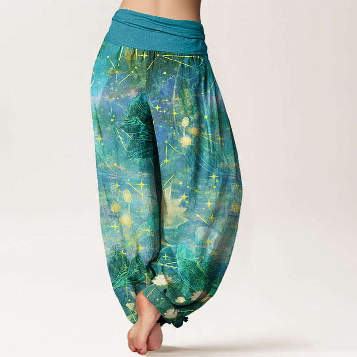 Pantaloni harem da donna con elastico in vita, in cotone, con motivo a pesce koi, loto, luna e stelle, motivo Buddha Stones - image 9