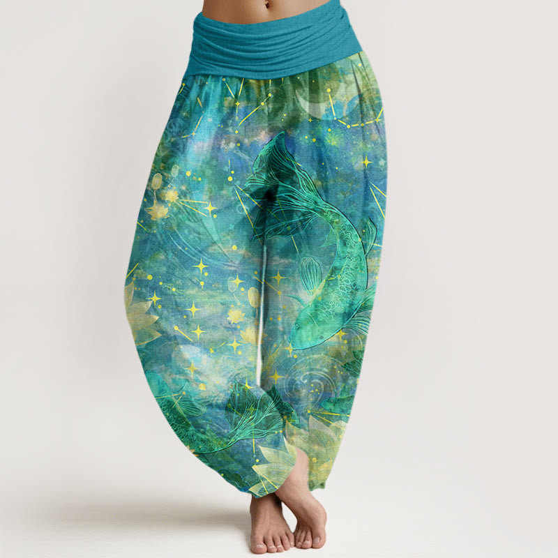Pantaloni harem da donna con elastico in vita, in cotone, con motivo a pesce koi, loto, luna e stelle, motivo Buddha Stones - Turchese scuro - US22, UK/AU26, EU54 (6XL) - image 7