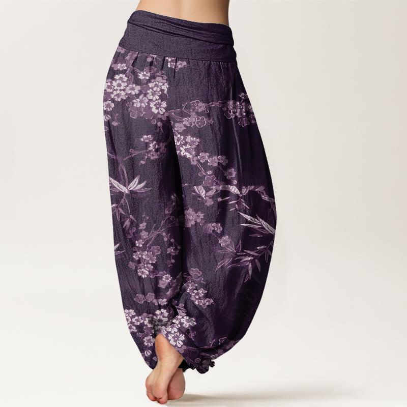 Pantaloni harem elastici in vita da donna con motivo a fiori di ciliegio bianco e Buddha Stones - image 7