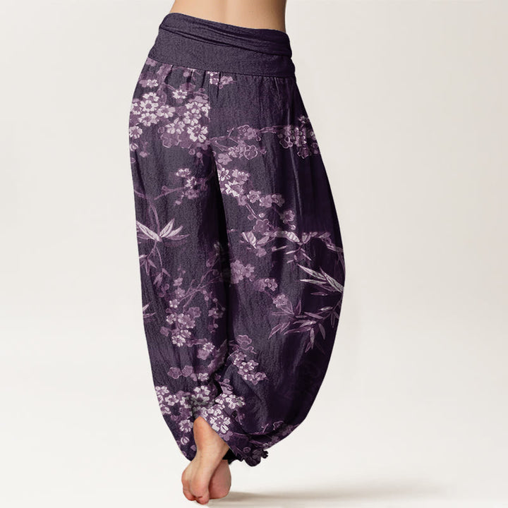 Pantaloni harem elastici in vita da donna con motivo a fiori di ciliegio bianco e Buddha Stones - image 7