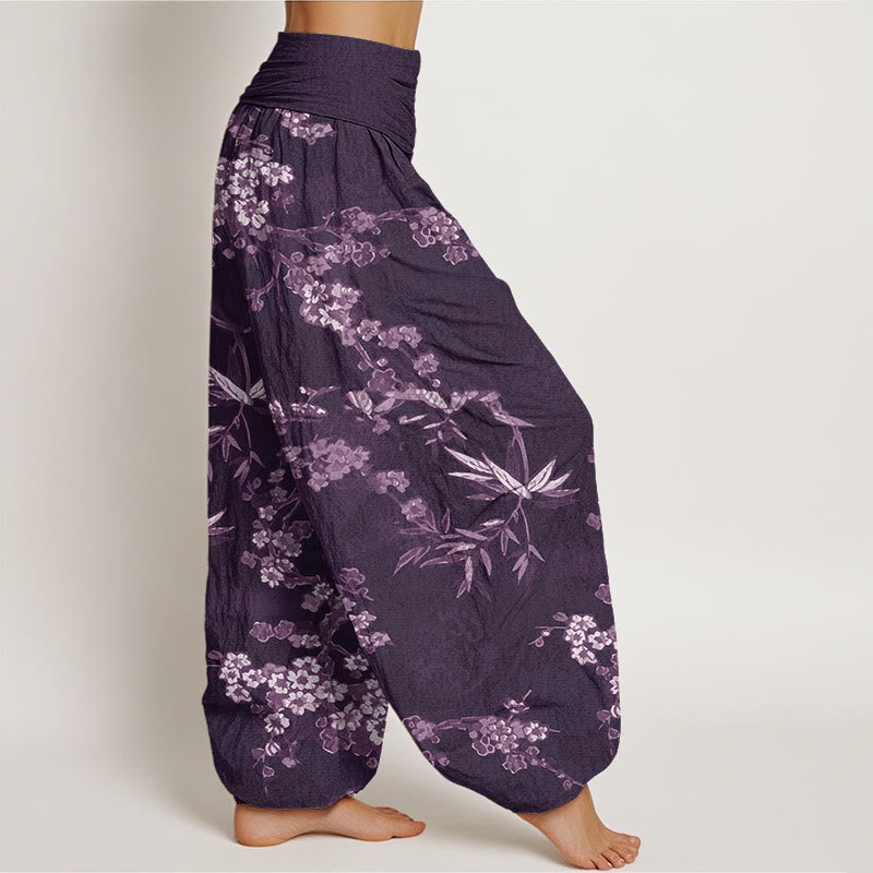 Pantaloni harem da donna con elastico in vita, in cotone bianco con motivo floreale Sakura, modello Buddha Stones - image 5