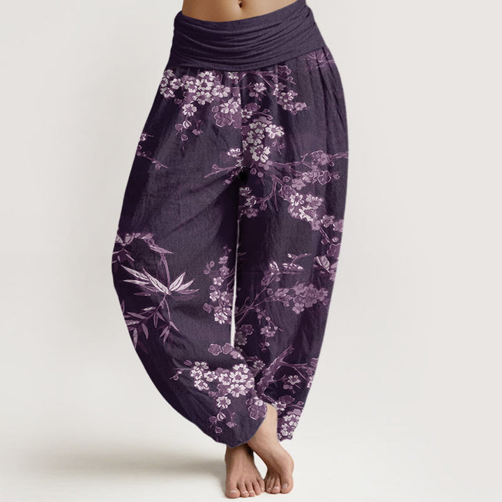 Pantaloni harem elastici in vita da donna con motivo a fiori di ciliegio bianco e Buddha Stones - Viola - US22, UK/AU26, EU54 (6XL) - image 5