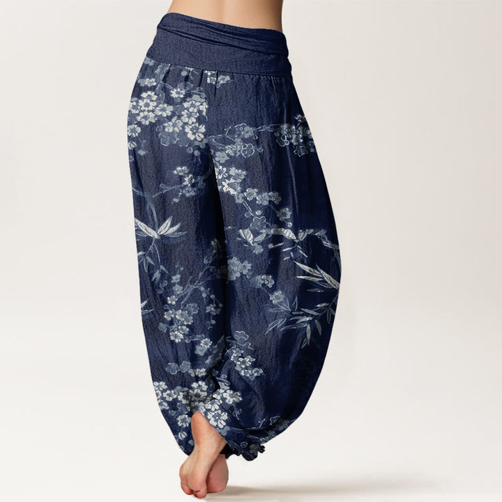 Pantaloni harem elastici in vita da donna con motivo a fiori di ciliegio bianco e Buddha Stones - image 3