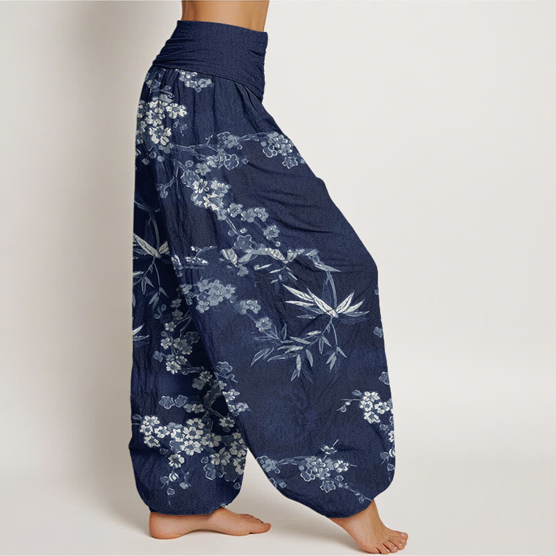 Pantaloni harem elastici in vita da donna con motivo a fiori di ciliegio bianco e Buddha Stones - image 1