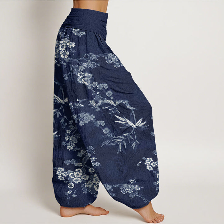 Pantaloni harem elastici in vita da donna con motivo a fiori di ciliegio bianco e Buddha Stones - image 1