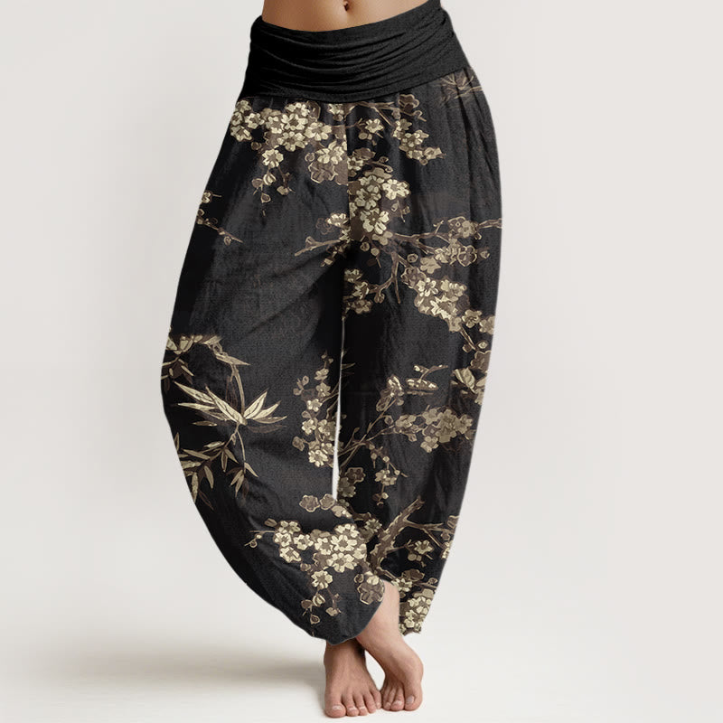Pantaloni harem elastici in vita da donna con motivo a fiori di ciliegio bianco e Buddha Stones - Nero - US22, UK/AU26, EU54 (6XL) - image 7