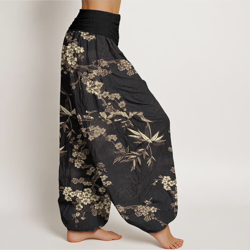 Pantaloni harem elastici in vita da donna con motivo a fiori di ciliegio bianco e Buddha Stones - image 9