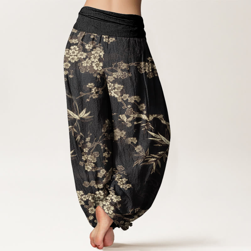 Pantaloni harem elastici in vita da donna con motivo a fiori di ciliegio bianco e Buddha Stones - image 10