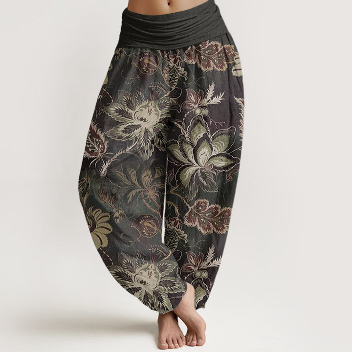 Pantaloni harem da donna con elastico in vita, in cotone, casual, con motivo floreale e foglie, motivo Buddha Stones - Grigio tenue - US22, UK/AU26, EU54 (6XL) - image 0