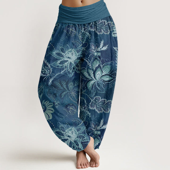 Pantaloni harem da donna con elastico in vita, in cotone, casual, con motivo floreale e foglie, motivo Buddha Stones - SteelBlue - US22, UK/AU26, EU54 (6XL) - image 4