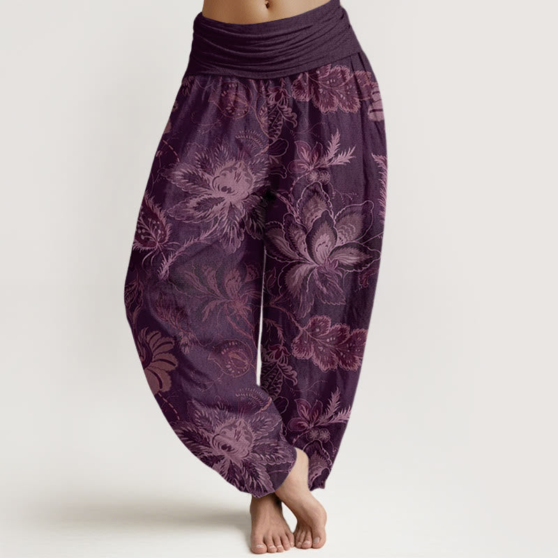 Pantaloni harem da donna con elastico in vita, in cotone, casual, con motivo floreale e foglie, motivo Buddha Stones - Viola - US22, UK/AU26, EU54 (6XL) - image 7