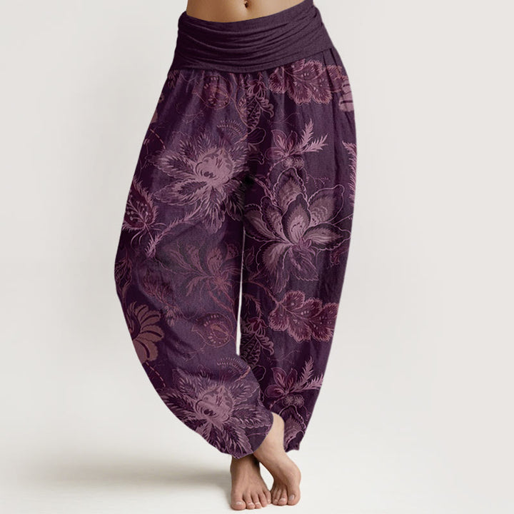Pantaloni harem da donna con elastico in vita, in cotone, casual, con motivo floreale e foglie, motivo Buddha Stones - Viola - US22, UK/AU26, EU54 (6XL) - image 7
