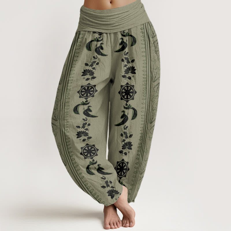 Pantaloni harem da donna con elastico in vita, motivo Buddha Stones in cotone con ruota del Dharma e motivo Lotus OM - DarkKhaki - US22, UK/AU26, EU54 (6XL) - image 4