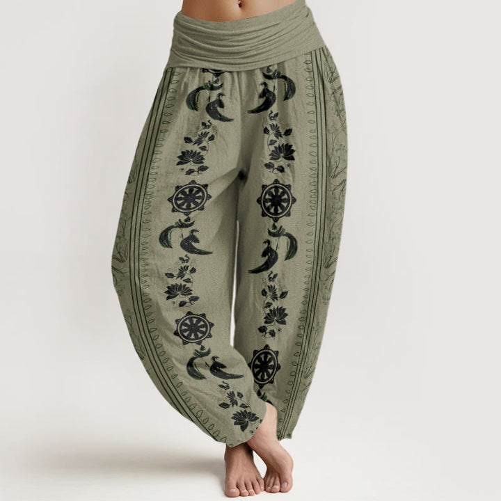 Pantaloni harem da donna con elastico in vita, motivo Buddha Stones in cotone con ruota del Dharma e motivo Lotus OM - DarkKhaki - US22, UK/AU26, EU54 (6XL) - image 4