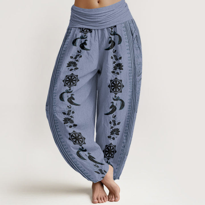 Pantaloni harem da donna con elastico in vita, motivo Buddha Stones in cotone con ruota del Dharma e motivo Lotus OM - FiordalisoBlu - US22, UK/AU26, EU54 (6XL) - image 0