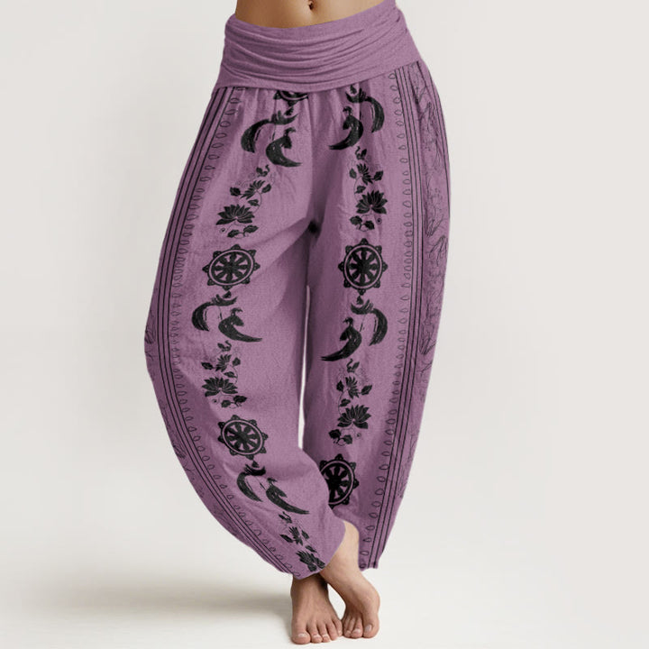 Pantaloni harem da donna con elastico in vita, motivo Buddha Stones in cotone con ruota del Dharma e motivo Lotus OM - Prugna - US22, UK/AU26, EU54 (6XL) - image 5