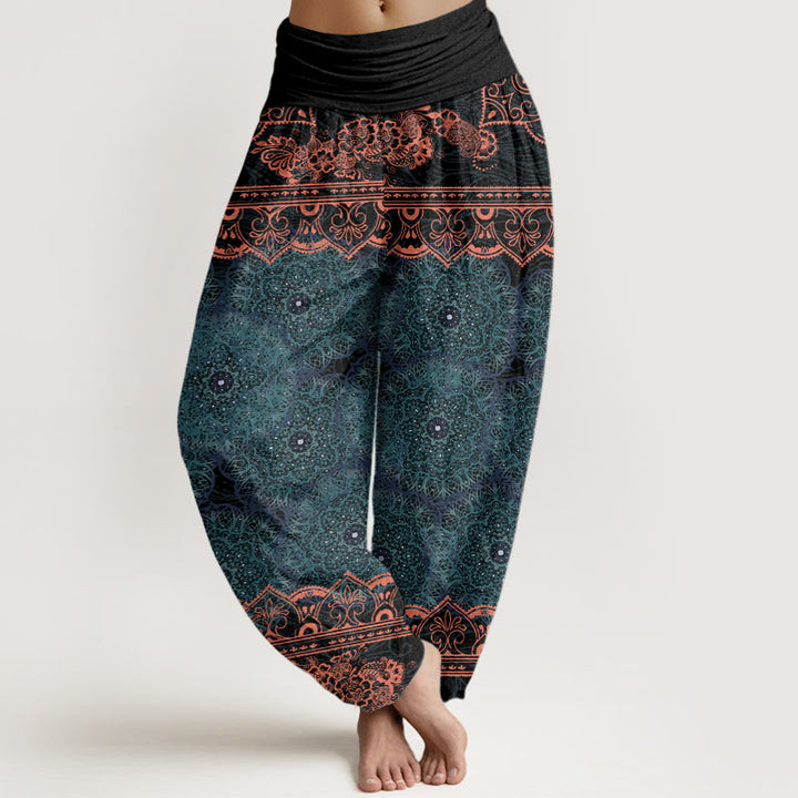 Pantaloni harem elastici in vita da donna con design di fiori mandala Buddha Stones - Ciano scuro - US22, UK/AU26, EU54 (6XL) - image 1