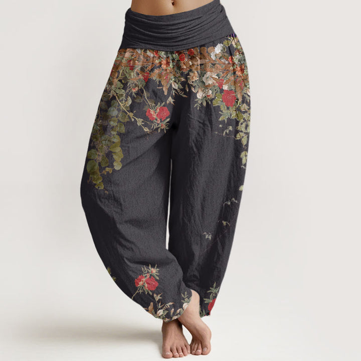 Pantaloni harem elastici in vita da donna con motivo a vite con peonia rossa casual Buddha Stones - Nero - US22, UK/AU26, EU54 (6XL) - image 1