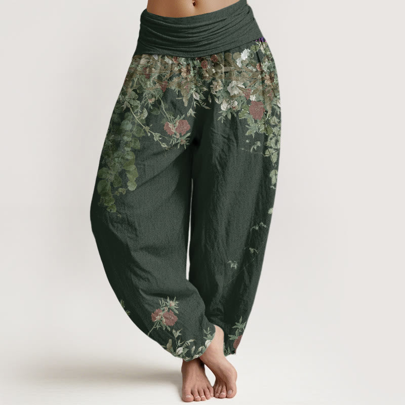 Pantaloni harem da donna con elastico in vita, in cotone, casual, con motivo a peonie rosse e pietre Buddha Stones - DarkSeaGreen - US22, UK/AU26, EU54 (6XL) - image 4