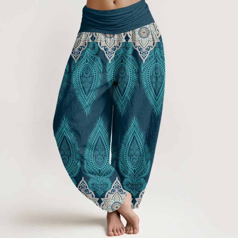 Pantaloni harem da donna con elastico in vita, in cotone, casual, con piume e fiori, motivo Buddha Stones - Turchese scuro - US22, UK/AU26, EU54 (6XL) - image 0