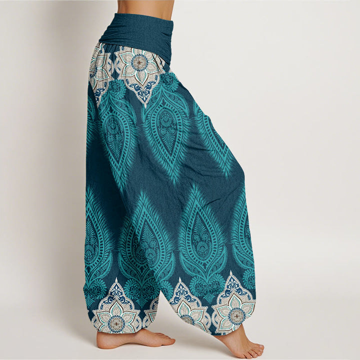 Pantaloni harem da donna con elastico in vita, in cotone, casual, con piume e fiori, motivo Buddha Stones - image 1