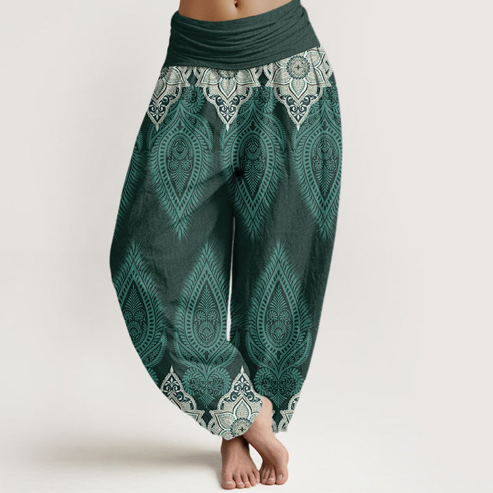 Pantaloni harem da donna con elastico in vita, in cotone, casual, con piume e fiori, motivo Buddha Stones - Cadetto Blu - US22, UK/AU26, EU54 (6XL) - image 4