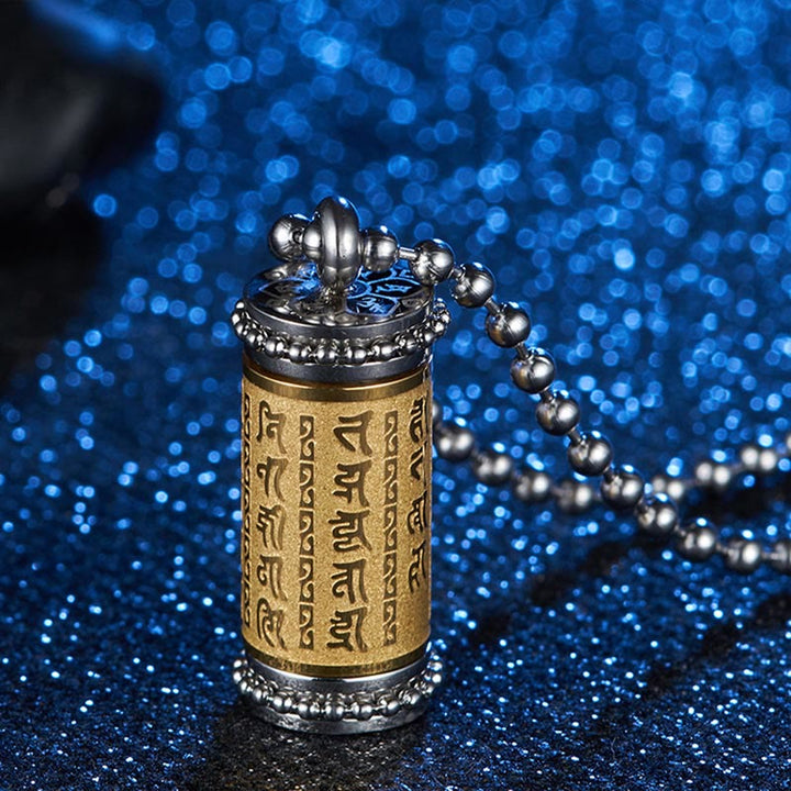 Collana con ciondolo in acciaio al titanio e Buddha Stones, ruota della preghiera, scritture, equilibrio