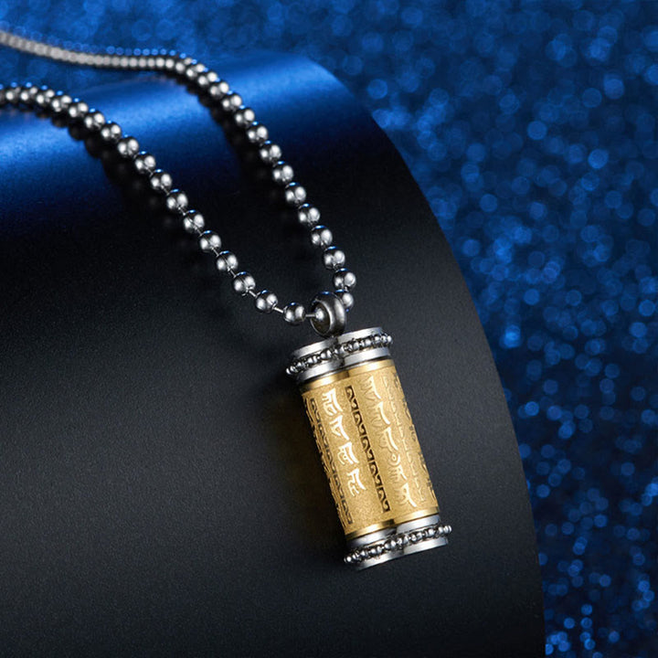 Collana con ciondolo in acciaio al titanio e Buddha Stones, ruota della preghiera, scritture, equilibrio