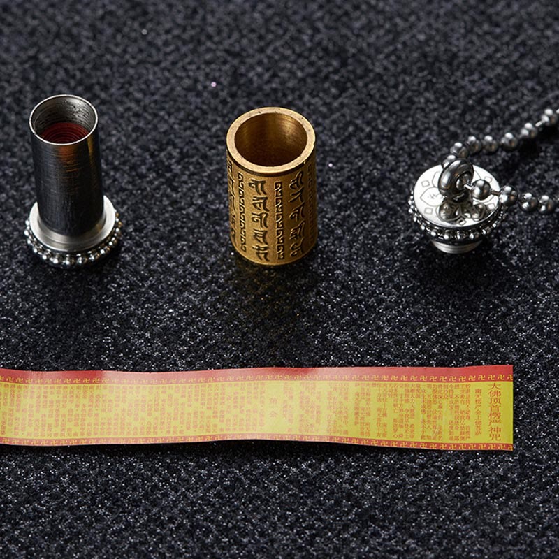 Collana con ciondolo in acciaio al titanio e Buddha Stones, ruota della preghiera, scritture, equilibrio