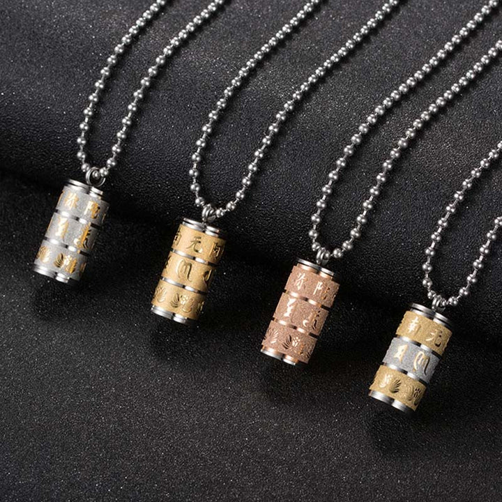 Buddha Stones Tibetano Om Mani Padme Hum Modello di Loto Ruota della Preghiera Collana in Acciaio al Titanio con Ciondolo della Pace