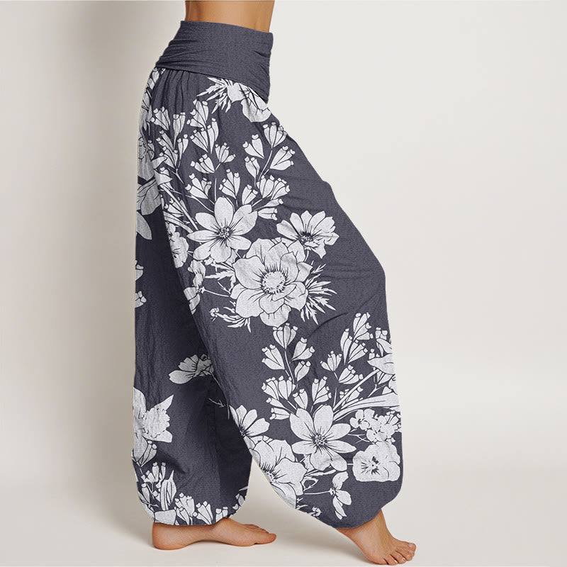 Pantaloni harem elastici in vita da donna Buddha Stones, fiori di peonia casual e foglie - image 1