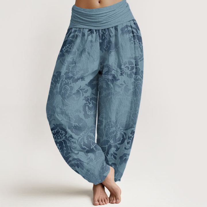 Pantaloni harem da donna con elastico in vita, in cotone, casual, con motivo a fiori e foglie, motivo Buddha Stones - Cielo blu - US22, UK/AU26, EU54 (6XL) - image 0