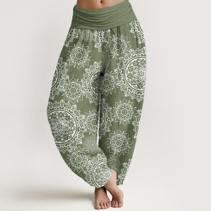 Pantaloni harem con elastico in vita, motivo mandala bianco casual da donna, con Buddha Stones - DarkSeaGreen - US22, UK/AU26, EU54 (6XL) - image 1