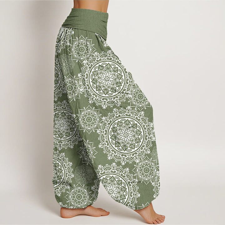 Pantaloni harem con elastico in vita, motivo mandala bianco casual da donna, con Buddha Stones - image 2