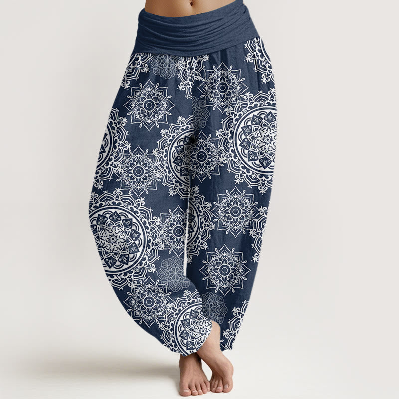 Pantaloni harem con elastico in vita, motivo mandala bianco casual da donna, con Buddha Stones - SteelBlue - US22, UK/AU26, EU54 (6XL) - image 8