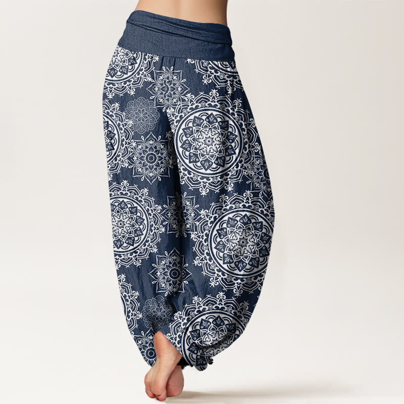 Pantaloni harem con elastico in vita, motivo mandala bianco casual da donna, con Buddha Stones - image 10