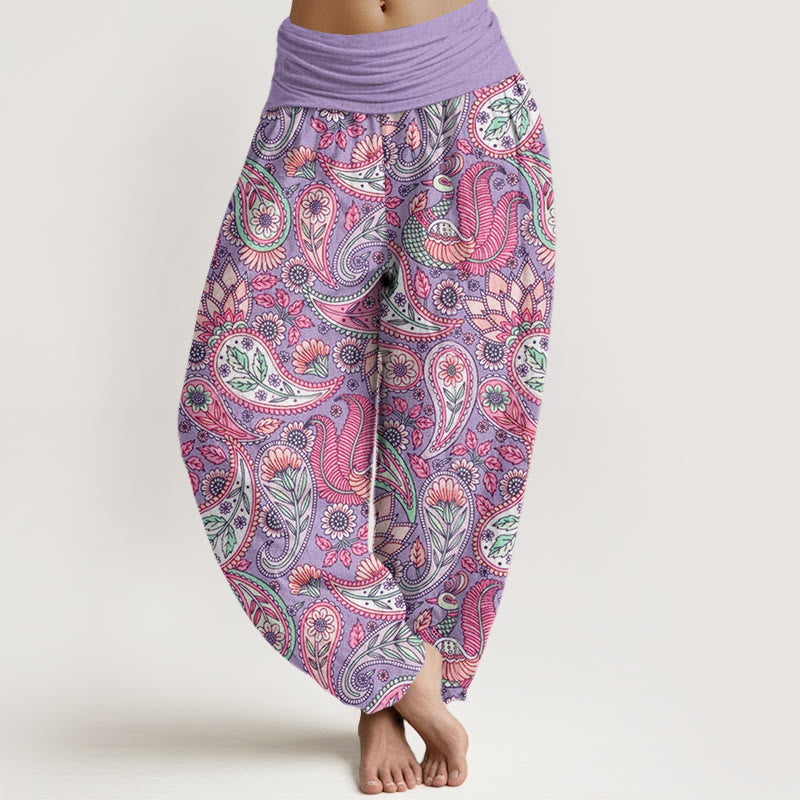 Pantaloni harem elastici in vita da donna con motivo a fiori di anacardi e girasoli, motivo Buddha Stones - Prugna - US22, UK/AU26, EU54 (6XL) - image 1