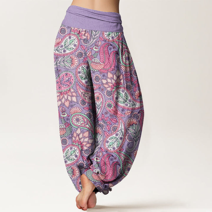 Pantaloni harem elastici in vita da donna con motivo a fiori di anacardi e girasoli, motivo Buddha Stones - image 3