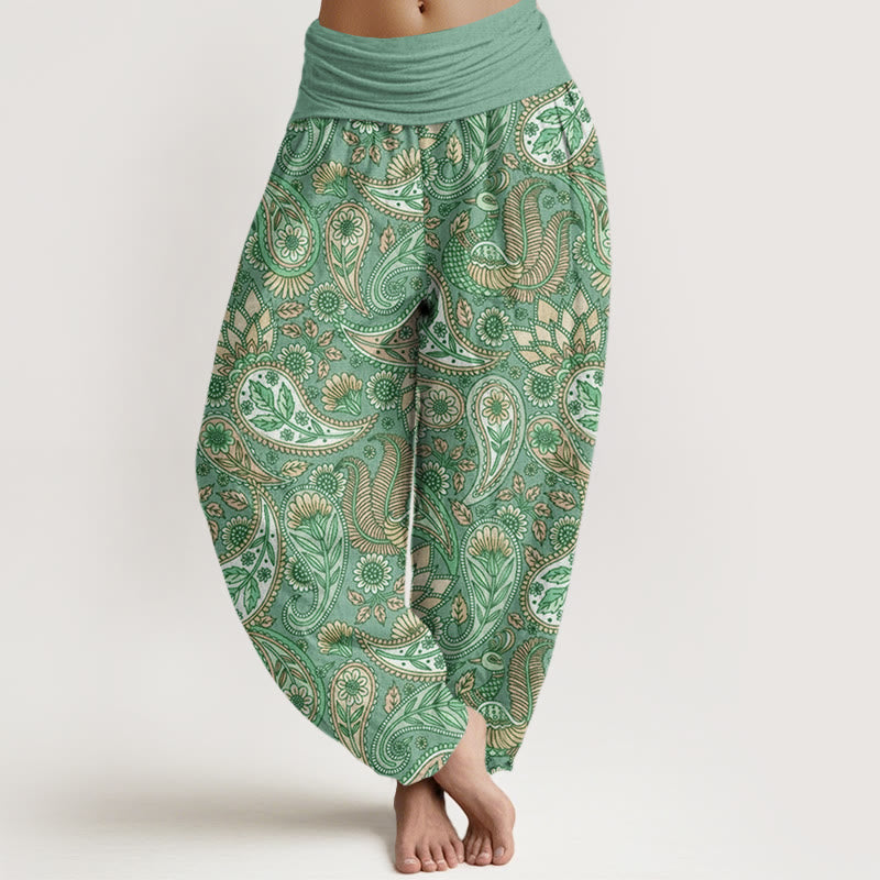 Pantaloni harem elastici in vita da donna con motivo a fiori di anacardi e girasoli, motivo Buddha Stones - Acquamarina media - US22, UK/AU26, EU54 (6XL) - image 5