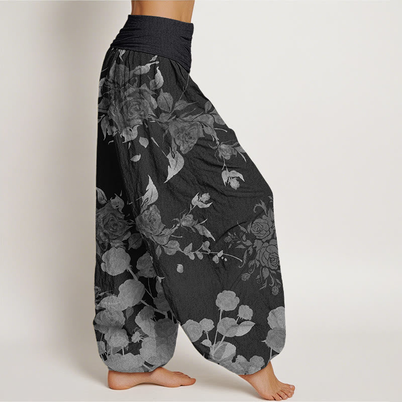 Pantaloni harem elastici in vita da donna con motivo Buddha Stones Blooming Bodding Flowers - image 1