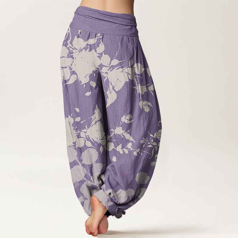 Pantaloni harem elastici in vita da donna con motivo Buddha Stones Blooming Bodding Flowers