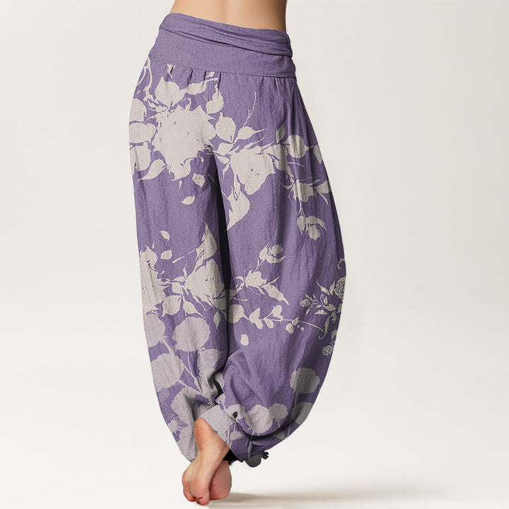 Pantaloni harem elastici in vita da donna con motivo Buddha Stones Blooming Bodding Flowers