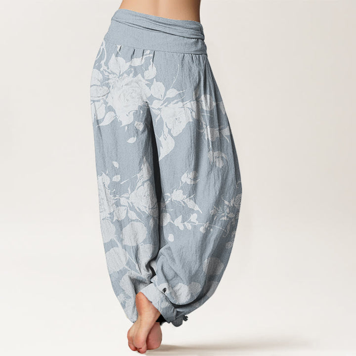 Pantaloni harem elastici in vita da donna con motivo Buddha Stones Blooming Bodding Flowers