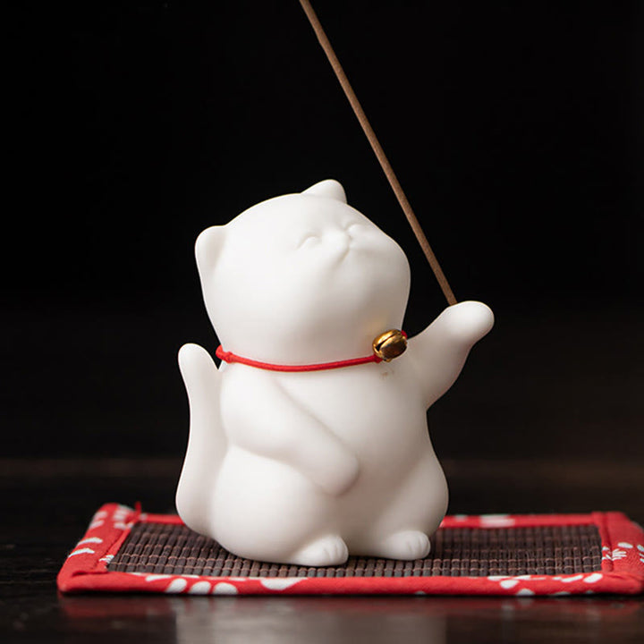Buddha Stones Campana di gatto Tappetino di bambù Bruciatore di incenso in ceramica curativo Decorazione da scrivania
