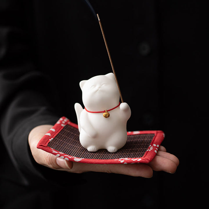 Buddha Stones Campana di gatto Tappetino di bambù Bruciatore di incenso in ceramica curativo Decorazione da scrivania
